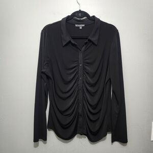 Adrianna Papell Black Ruched Button Up  Blouse Top Size Large